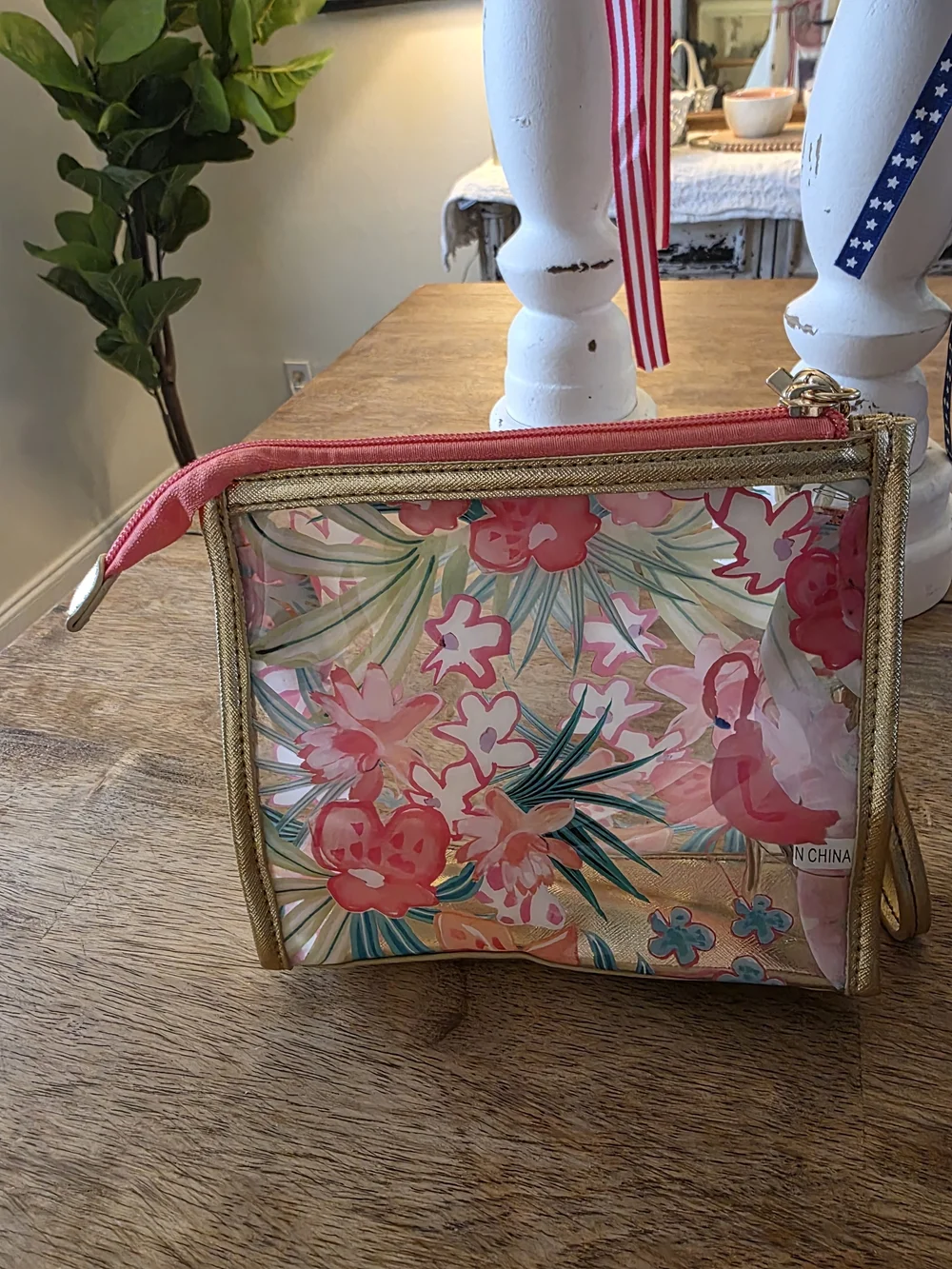 Spartina Floral Clear Pouch with Pink Accents